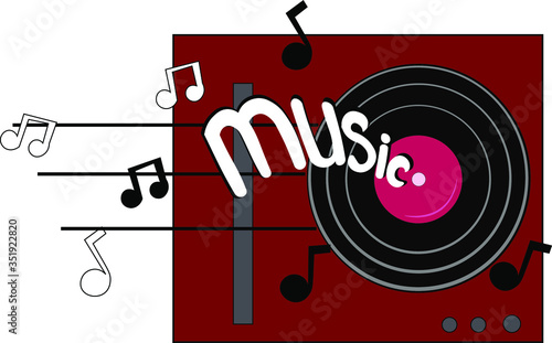 "music" hand lettering. with a vinyl record and notes. vector illustration.