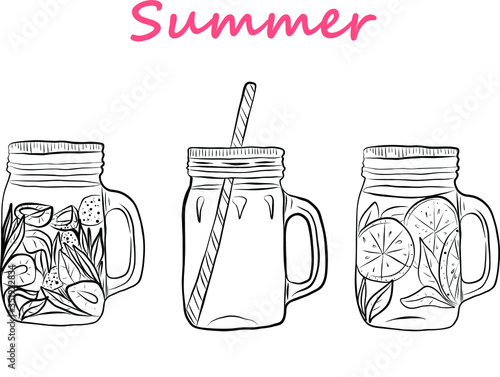 Three glass drinking jars doodle style. Hand drawn line art vector illustration. Summer lemonades with fruits and berries.