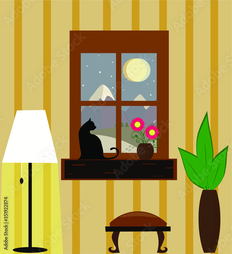 Vector flat window, cat sitting on the windowsill. Home comfort. Vector illustration in flat style.