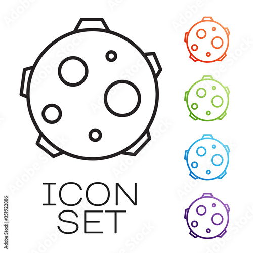 Black line UFO abducts cow icon isolated on white background. Flying saucer. Alien space ship. Futuristic unknown flying object. Set icons colorful. Vector
