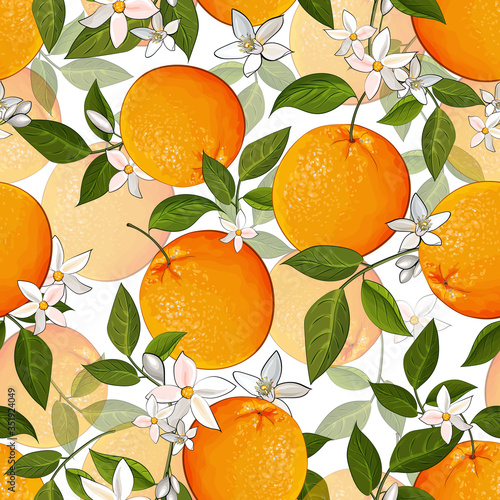 Vector seamless pattern with citrus oranges fruit, flowers and green leaves on white background. Bright tropical citrus fruits for wrapping paper, kitchen design. Stock illustration.