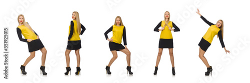 Blond hair girl in yellow and black clothing isolated on white