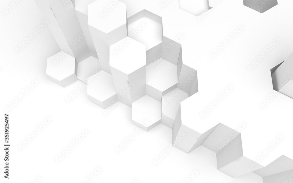 White abstract background with honeycomb. Hexagon bars isolated on white backdrop. 3D illustration