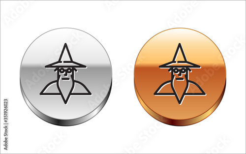 Black line Wizard warlock icon isolated on white background. Silver-gold circle button. Vector