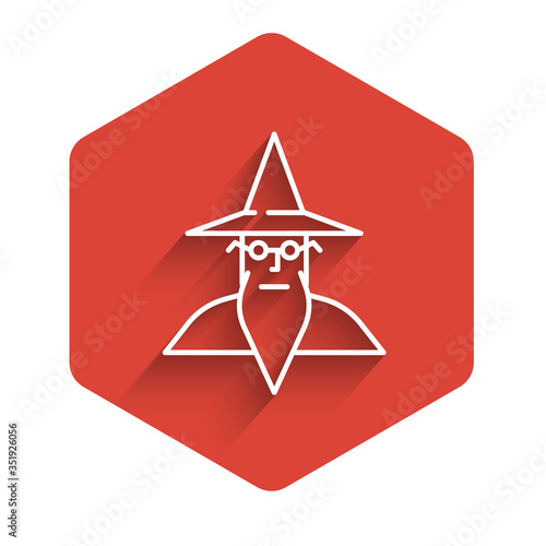 White line Wizard warlock icon isolated with long shadow. Red hexagon button. Vector