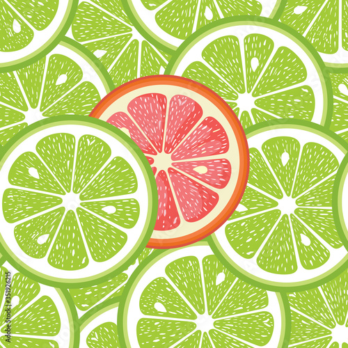 Seamless background of green lime round slices and a grapefruit slice isolated in the middle
