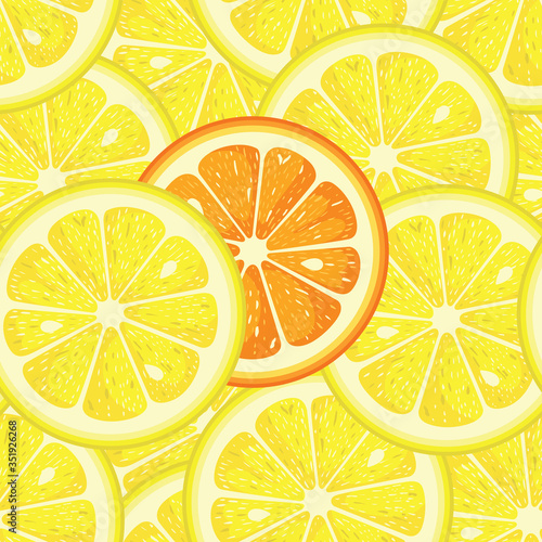 Seamless background of yellow lemon round slices and an orange slice isolated in the middle
