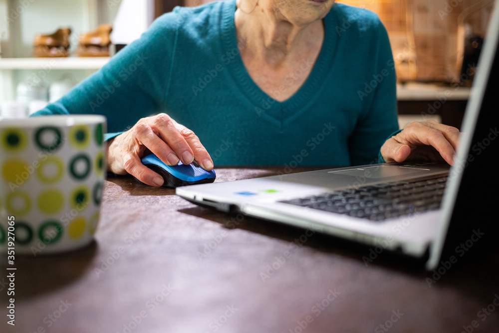 elderly woman using laptop in her kitchen elderly woman using laptop in her kitchen