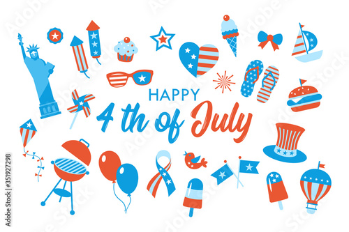 4th of July, Independence Day of the United States, greeting card design. Flat style cartoon vector illustration