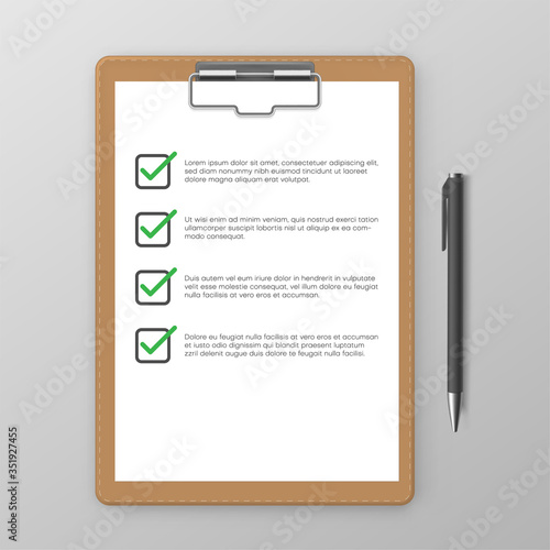 Questionnaire. Check list on clipboard is next to pen in realistic style. Planner with tick marks.