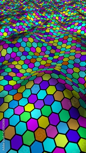 Honeycomb multi-colored. Perspective view on polygon look like honeycomb. Wavy surface. Isometric geometry. 3D illustration