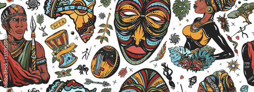 Africa seamless pattern. African woman in traditional turban, maasai warrior,  tribal mask, kalimba, map, drum. Ethnic afro girl and black tribe man. Tradition and culture background. Tattoo art