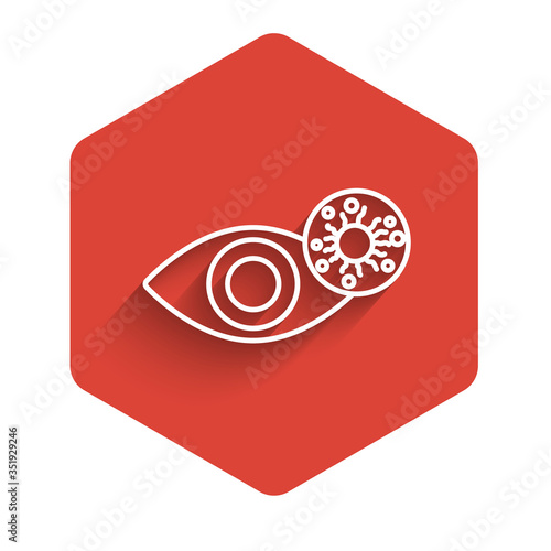 White line Reddish eye due to virus, bacterial or allergic conjunctivitis icon isolated with long shadow. Red hexagon button. Vector Illustration