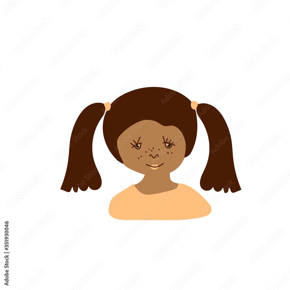Vector portrait of a little girl in flat style. Illustration of a child of Indian race appearance by doodle.For child protection day.Design for coloring,packaging,web,children's games,cards,print. Vector portrait of a little girl in flat style. Illustration of a child of Indian race appearance by doodle.For child protection day.Design for coloring,packaging,web,children's games,cards,print.
