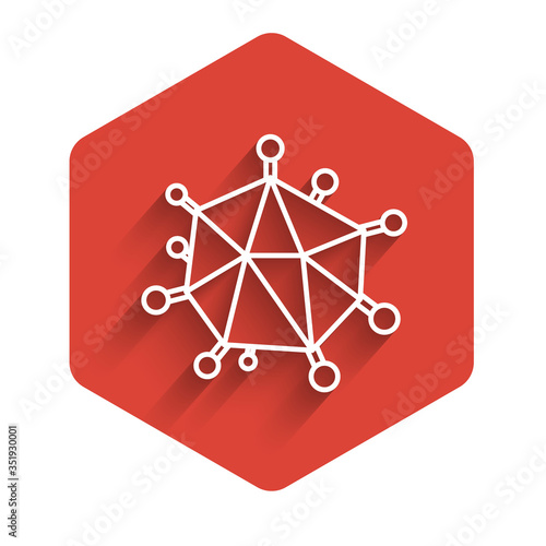 White line Virus icon isolated with long shadow. Corona virus 2019-nCoV. Bacteria and germs, cell cancer, microbe, fungi. Red hexagon button. Vector Illustration