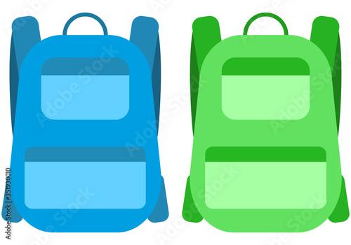 Mochilas de color azul y verde sobre fondo blanco.