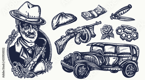 Mafia. Graphic tattoo collection. Crime boss plays saxophone, retro criminal car, robbers, bandits weapons. Noir movie art. Traditional tattooing style