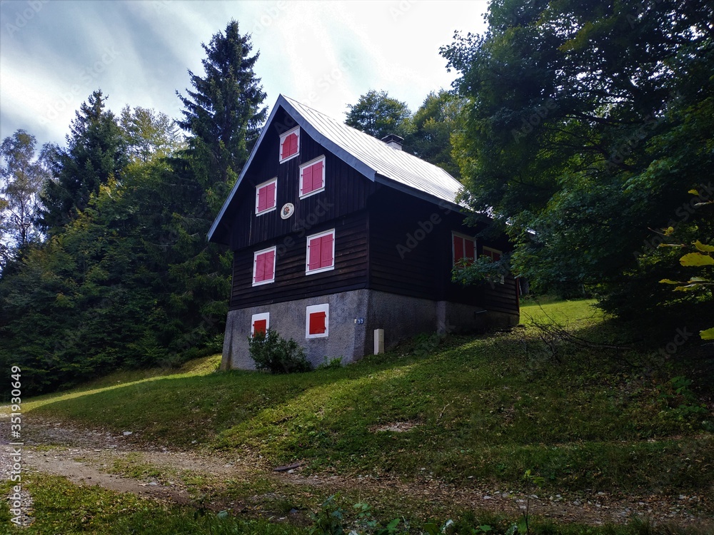 Wooden hut with red window blinds near Le Markstein mountain