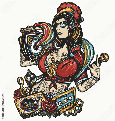 Hip hop girl. Old school music art. Swag lifestyle. Street break dance. Boom box, audio cassette. Musical tattoo and t-shirt design. Pop culture style. Fashion portrait of modern rap woman in cap