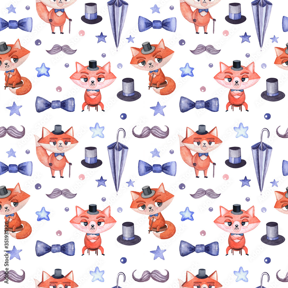 Children's seamless watercolor pattern with a fox for boys and little gentlemen and hipsters on a white background.