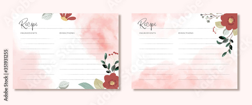recipe card with floral and pink brush stroke background