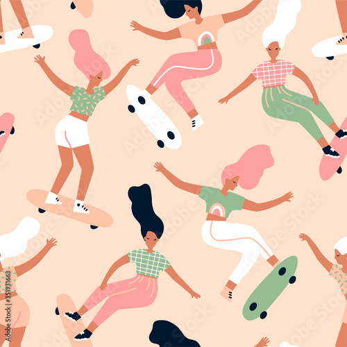 Pattern with active people. Girls ride on skateboards. Modern illustration of youth in the fresh air