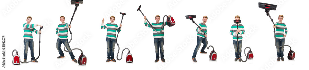 Funny man with vacuum cleaner on white Funny man with vacuum cleaner on white