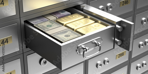 Safe bank deposit box with money banknotes and gold bars in a drawer. 3d illustration