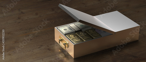 Safe bank deposit drawer with money banknotes and gold bars on wood. 3d illustration