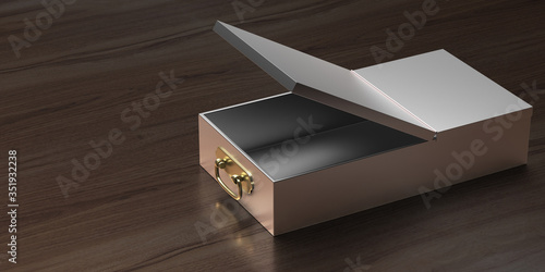 Safe bank deposit drawer open empty on wooden background. 3d illustration photo