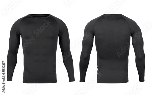 Black sport base layer longsleeve t-shirt front and back mock-up template for your design. photo