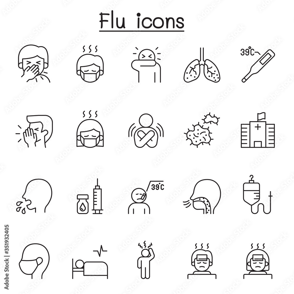 Flu, sick & illness icons set in thin line style Flu, sick & illness icons set in thin line style