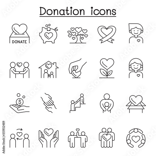 Donation   Charity icons set in thin line style