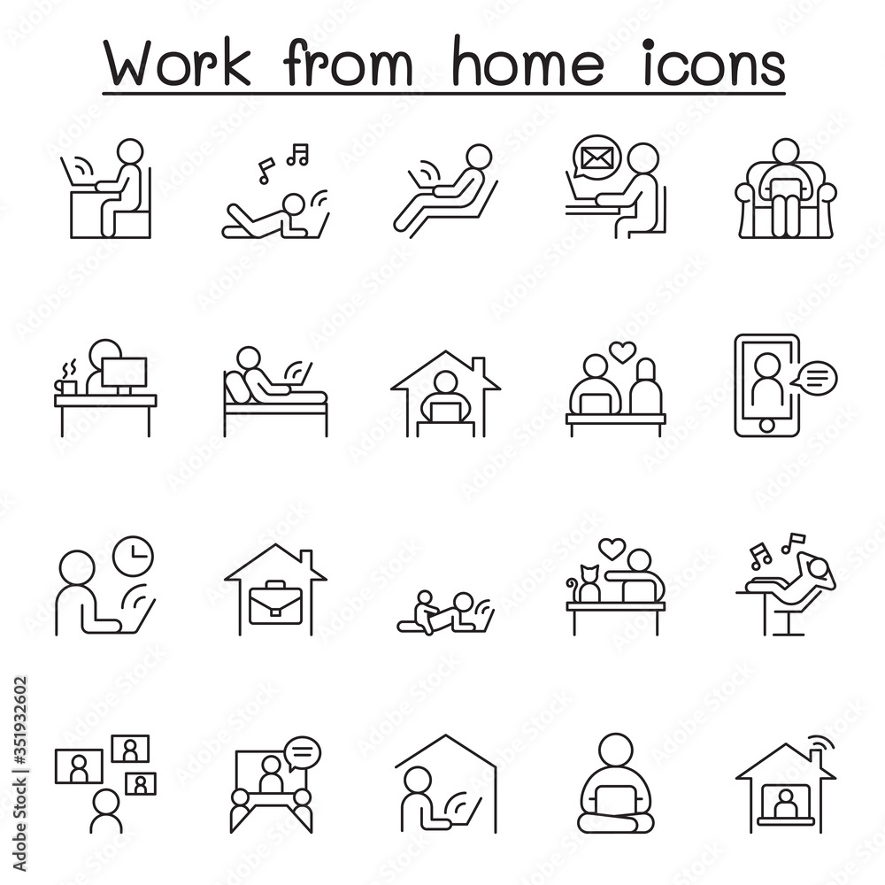 Working at home icon set in thin line style Working at home icon set in thin line style