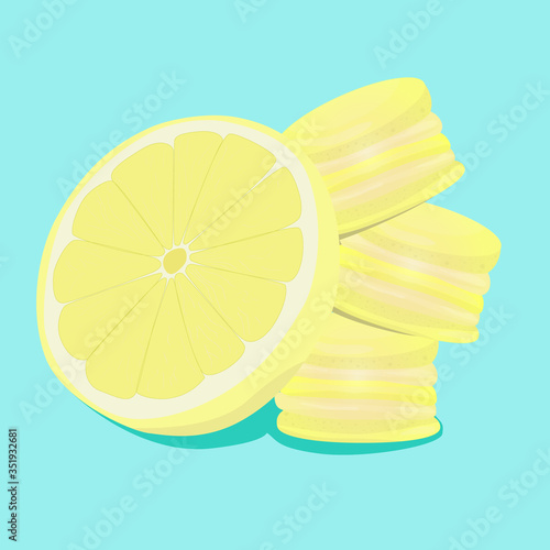 Lemon macaroons. Vector traditional french cookies in cartoon style. Composition of lemon and macaroon isolated on colorful background. Banner with almond cookies.