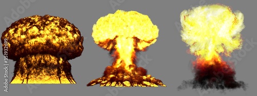 3D illustration of explosion - 3 big highly detailed different phases mushroom cloud explosion of super bomb with smoke and fire isolated on grey