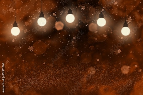 red nice brilliant glitter lights defocused bokeh abstract background with light bulbs and falling snow flakes fly, holiday mockup texture with blank space for your content