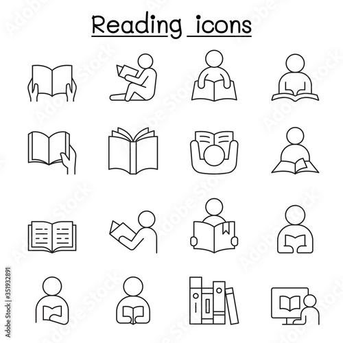 Reading icons set in thin line style