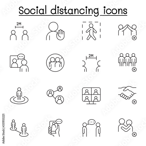 Social distancing icons set in thin line style