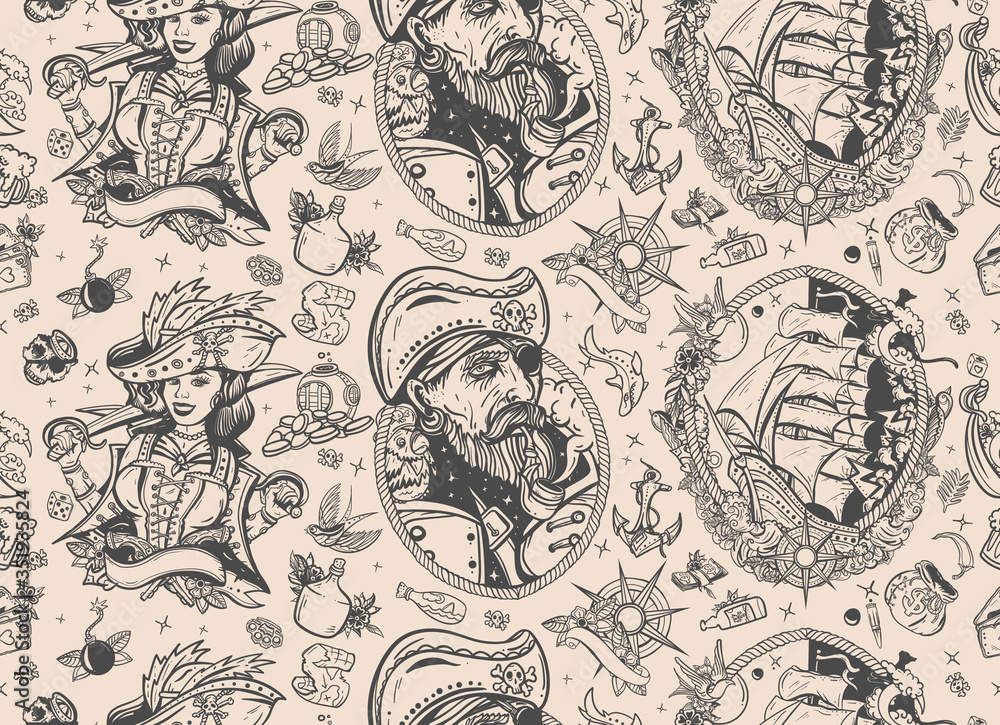 Pirate. Sea adventure seamless pattern. Marine background. Captain, parrot, ship in storm, girl filibuster, compass, anchor, treasure island, swallows. Caribbean robbers. Traditional tattooing style Pirate. Sea adventure seamless pattern. Marine background. Captain, parrot, ship in storm, girl filibuster, compass, anchor, treasure island, swallows. Caribbean robbers. Traditional tattooing style