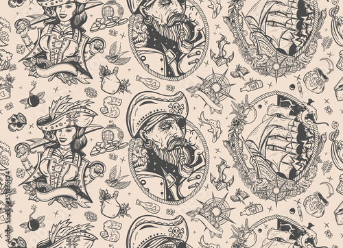 Pirate. Sea adventure seamless pattern. Marine background. Captain, parrot, ship in storm, girl filibuster, compass, anchor, treasure island, swallows. Caribbean robbers. Traditional tattooing style