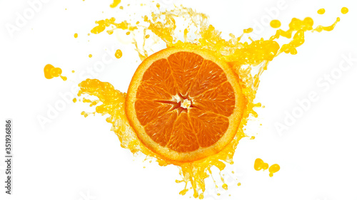 Fresh Orange Slice with Splashing Juice Isolated on White Background.