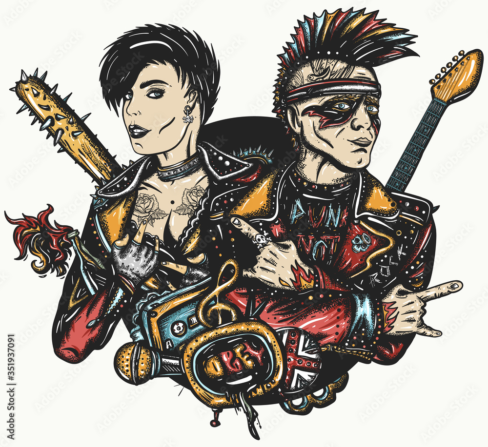 Punk rock. Musicians and electric guitar. Punker with mohawk hairstyle, guitarist. Anarchy art. Street music culture. Tattoo and t-shirt design. Rock and roll couple. Hooligans lifestyle