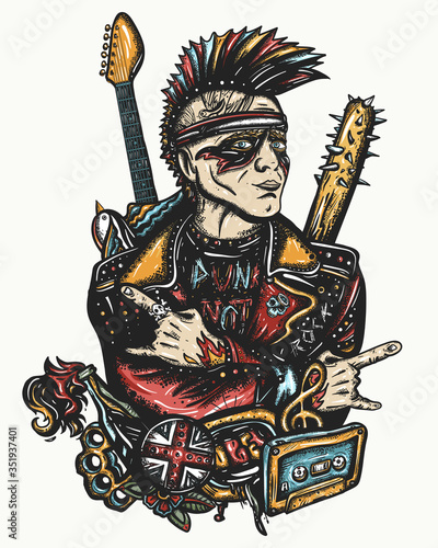 Punk rock. Street music culture. Tattoo and t-shirt design. Punker with mohawk hairstyle, musician and electric guitar. Guitarist. Hooligans lifestyle. Anarchy art