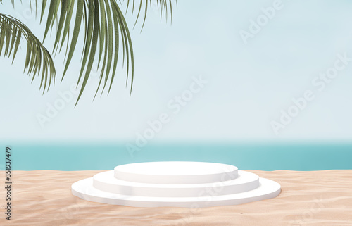 Natural summer beach backdrop with white cylinder box and palm tree for product display. 3d summer scene. sea view.