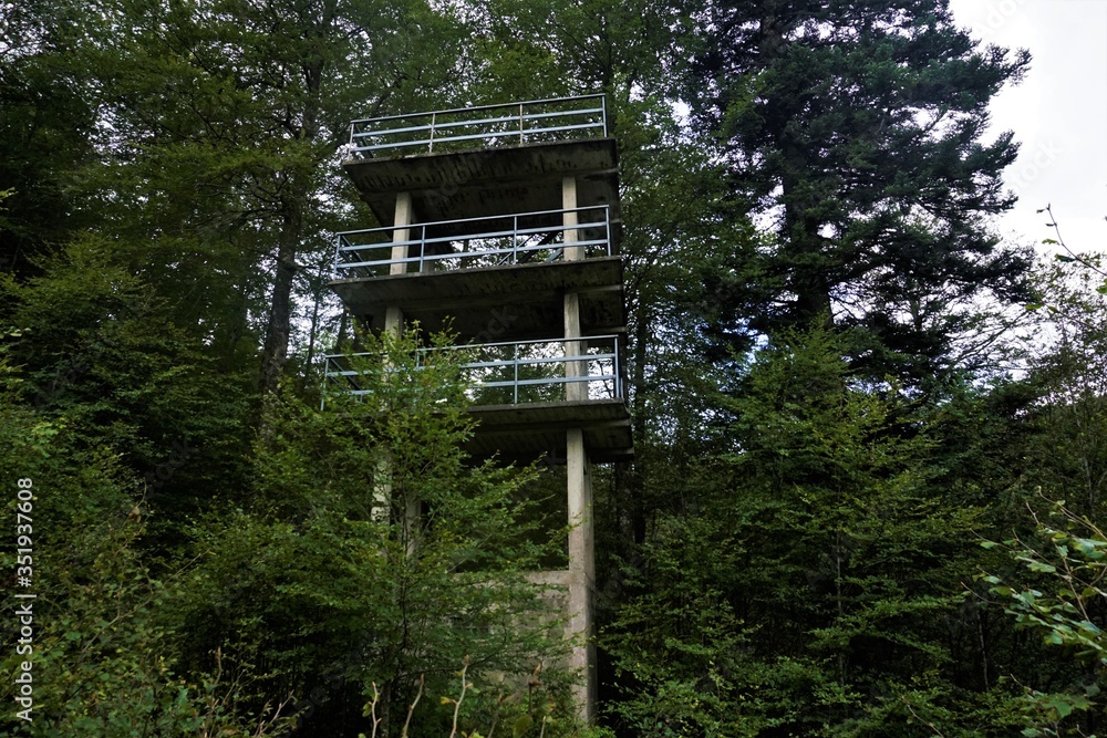 Ruin of a tower made of concrete with guardrail spotted in the forest in the Vosges