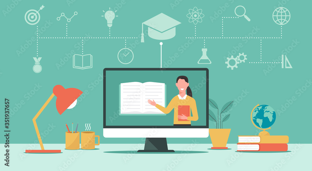 online education or e-learning, home school, teacher on computer laptop screen, distance learning, online course concept, new normal, vector flat illustration online education or e-learning, home school, teacher on computer laptop screen, distance learning, online course concept, new normal, vector flat illustration