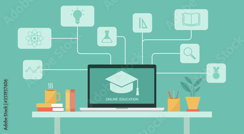 e-learning or online education, home school on computer laptop screen, distance learning, online course concept, new normal, vector flat illustration
