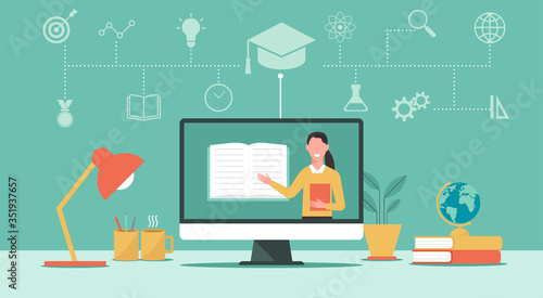 online education or e-learning, home school, teacher on computer laptop screen, distance learning, online course concept, new normal, vector flat illustration