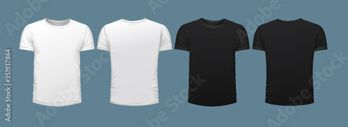 Set of four blank fronted T-shirts, two black, two white isolated on grey for use as clothing design templates, vector illustration photo